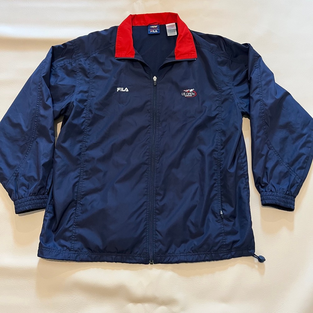 Vintage US Open 2003 Tennis Jacket FILA Mens Full Zip Blue Red Large Lightweight